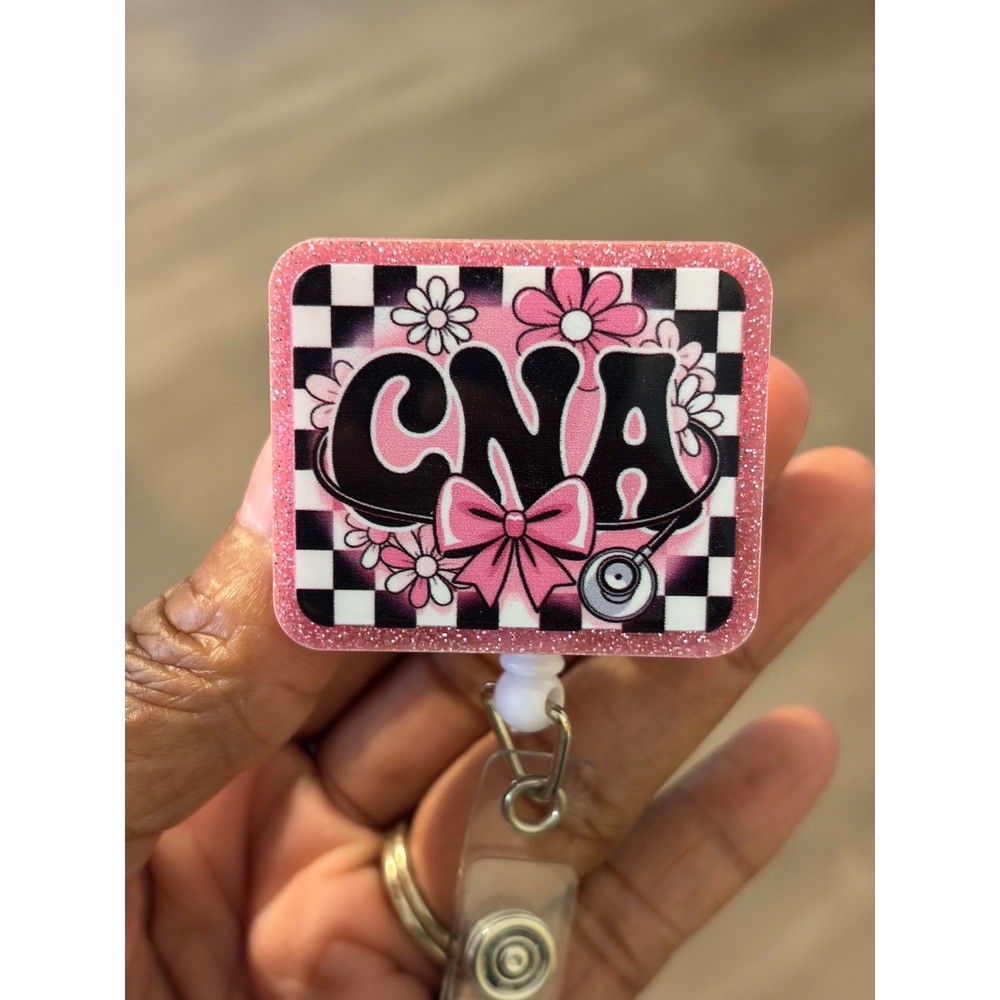 CNA Retractable Badge Reel Pink Glitter Checkered Floral Stethoscope ID Holder